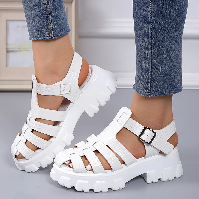 

New Fashion Hollow Gladiator Women Sandals Narrow Band Cross-tied Buckle Cover Toe Thick Bottom Shoe Casual Roman Sandal