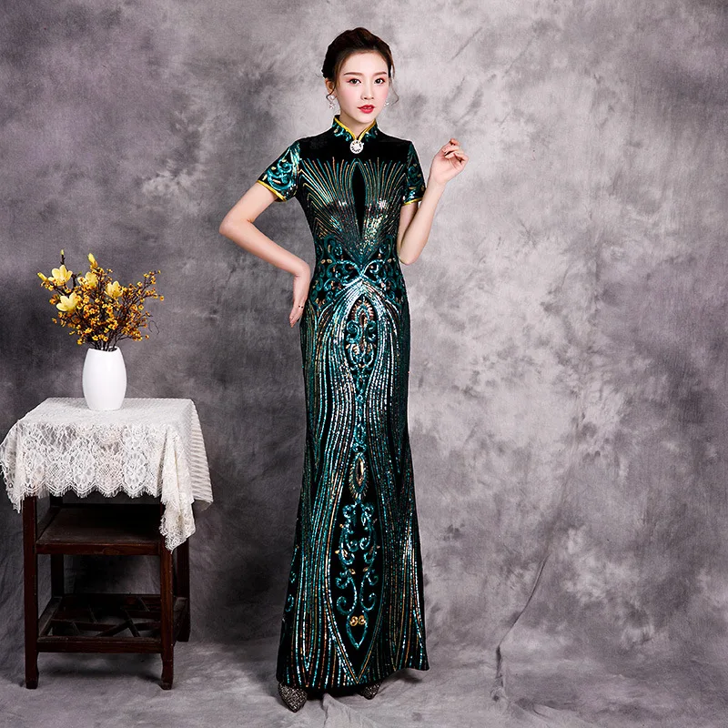 Luxury Sequins Gorgeous Long Fork Cheongsam Stage Show Dance Dress Elegant Sexy Slim Bodycon Qipao Fashion Gown Novel