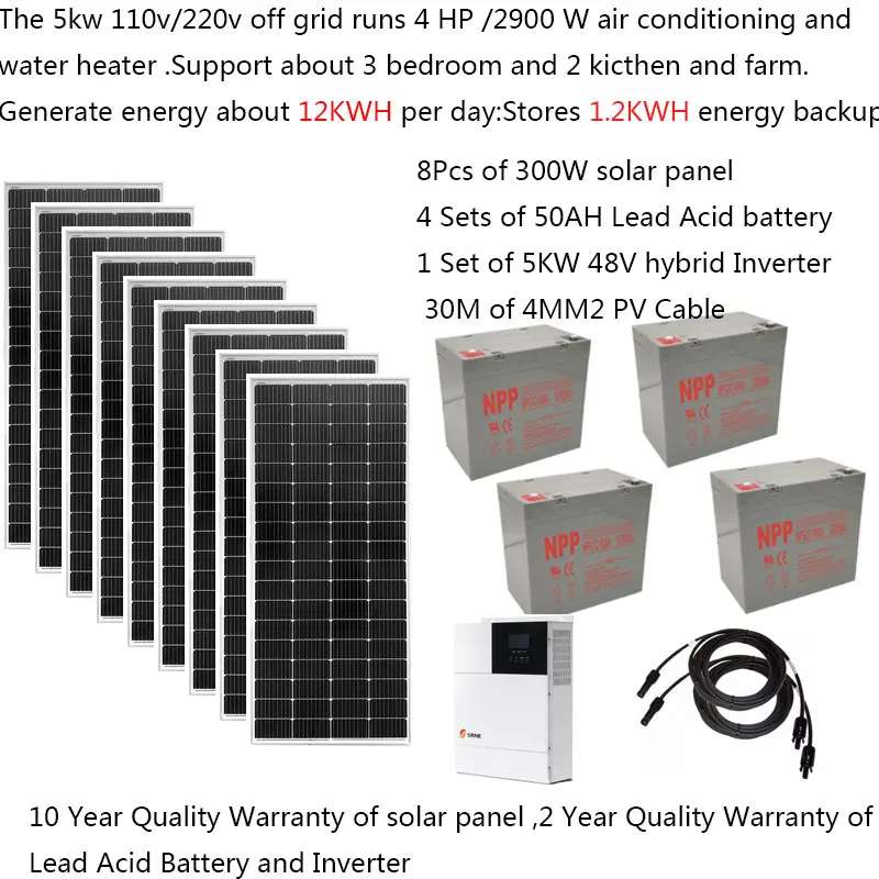Solar Panel Kit Complete With Battery 5000W 5KW 220V 110V Solar Panel 300W Hybrid Inverter MPPT Pure Sine Wave  Off Grid System