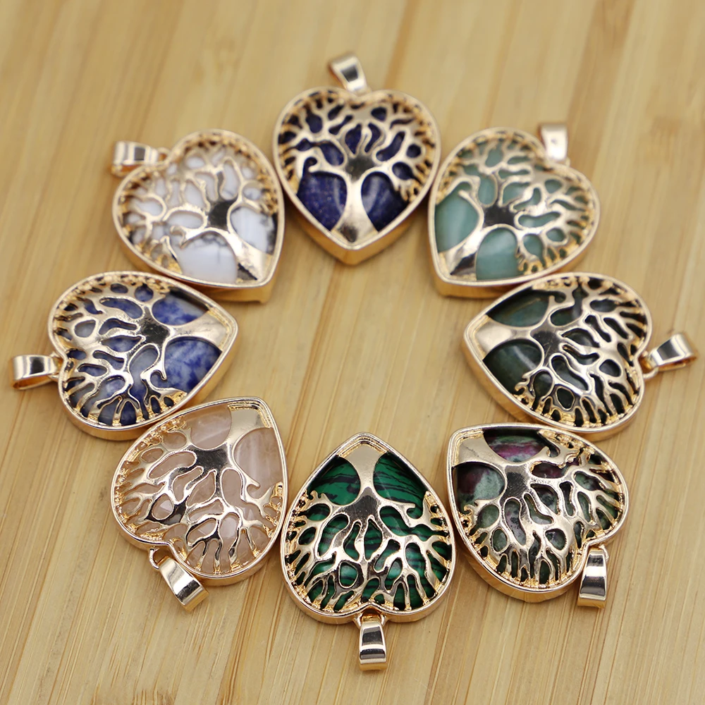 

Design Natural Stone Gold Zinc Alloy Tree Of Life Heart Pendant Agate Fashion Reiki Charms DIY Jewelry Accessories Wholesale 1Pc