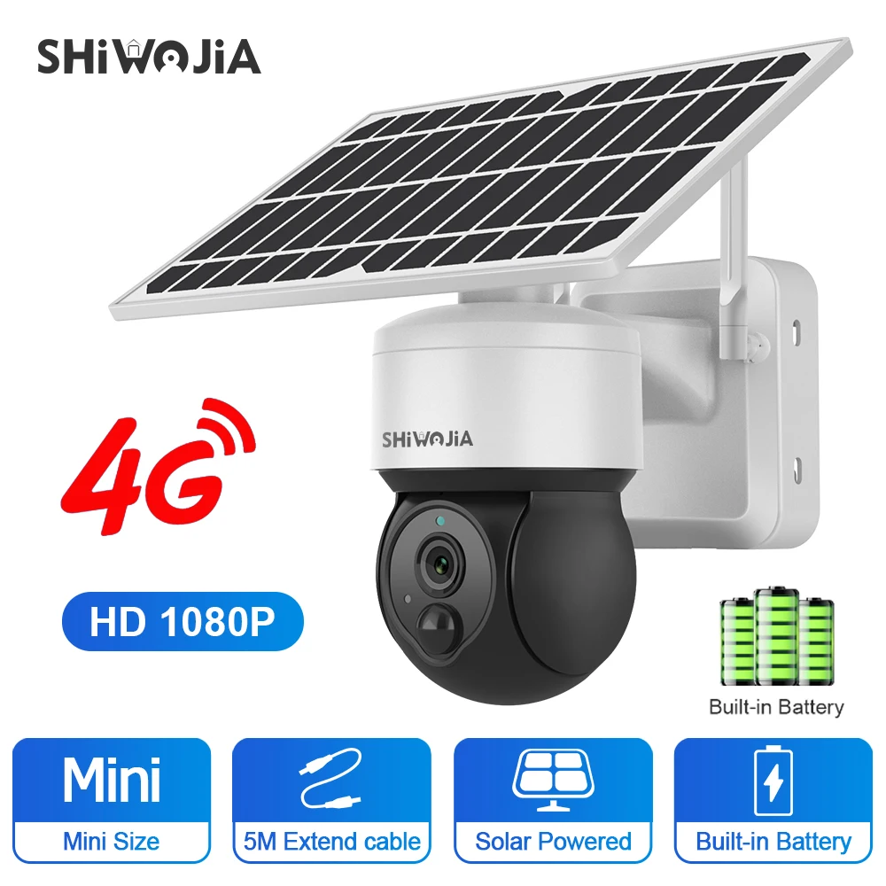 

SHIWOJIA 4G SIM Solar Camera 1080P Bulit-in Battery Smart Monitor Video CCTV Security Protection PTZ Outdoor Solar Panel Cam