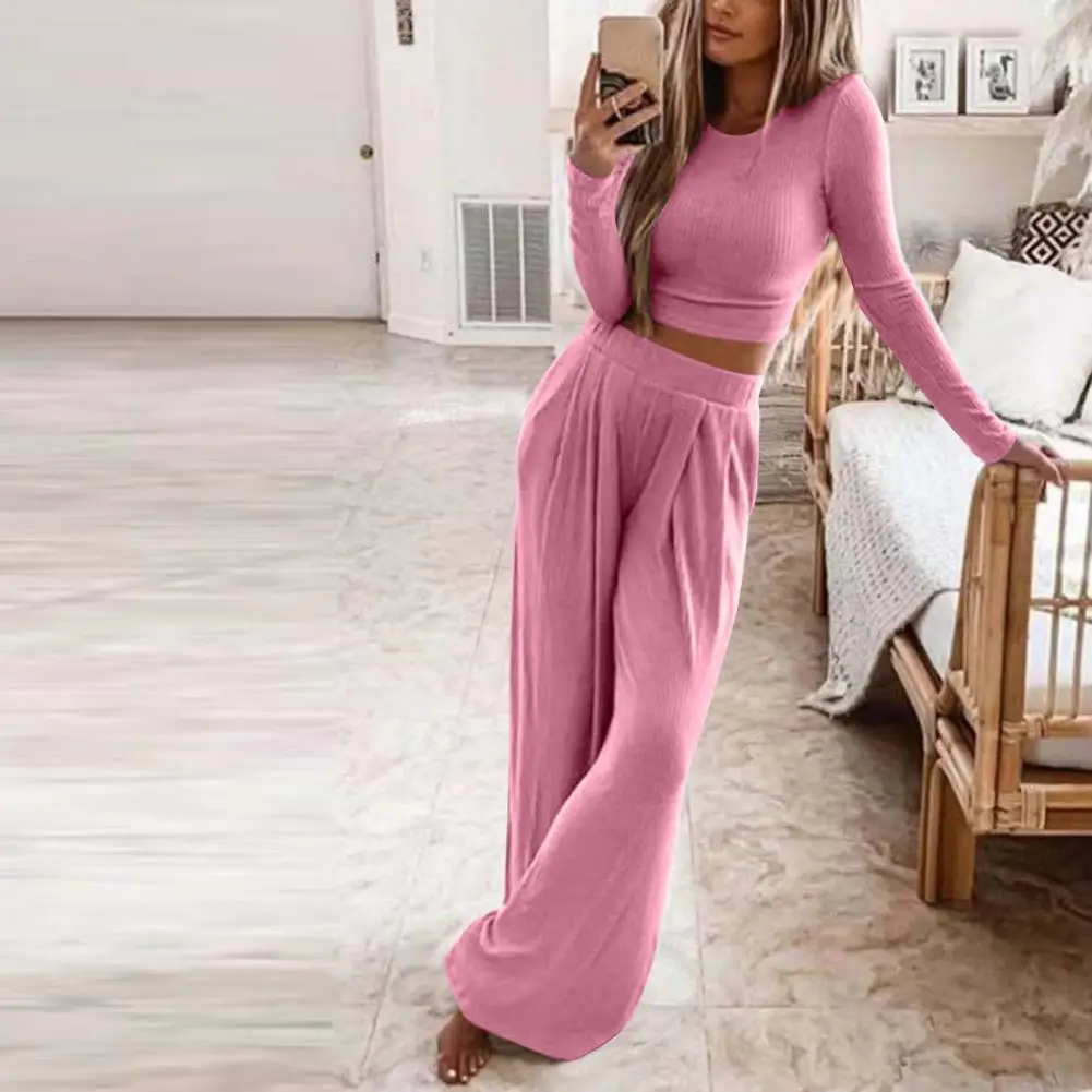 

1 Set Crop Top Pants Solid Color Ribbing Spring Autumn Sexy Crew Neck Homewear спортивный костюм женск conjuntos de mujer