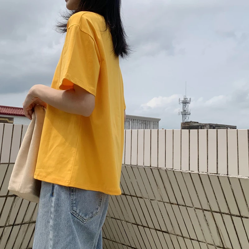 

ANEW Pure white short sleeve T-shirt loose cotton off shoulder half sleeve summer new solid color girls' casual top