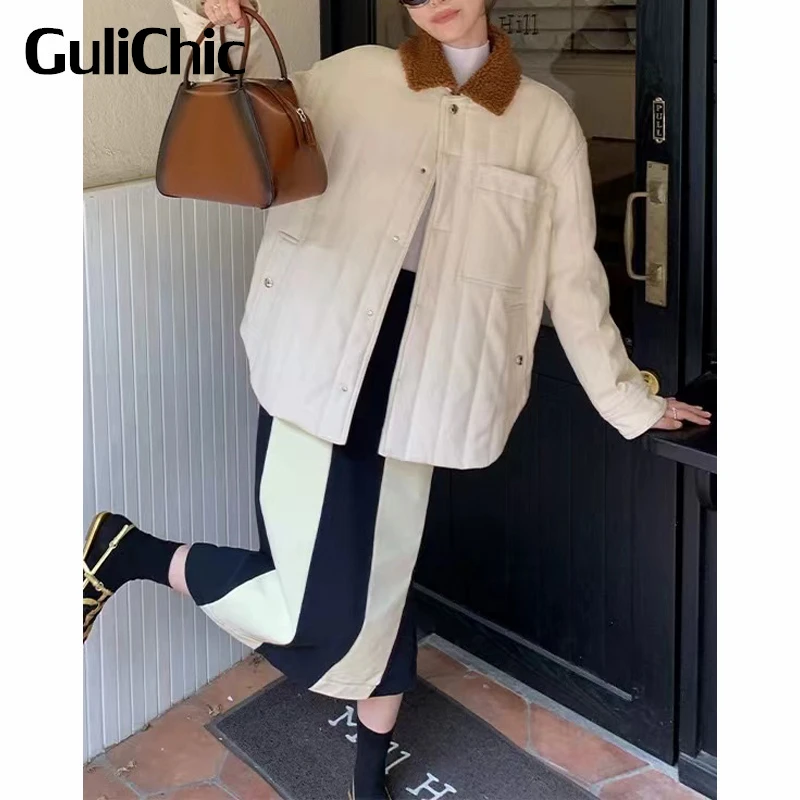 

11.23 GuliChic Women Winter Casual Faux Lamb Fur Collar Button Pocket Decoration Loose Comfortable Parka Jacket