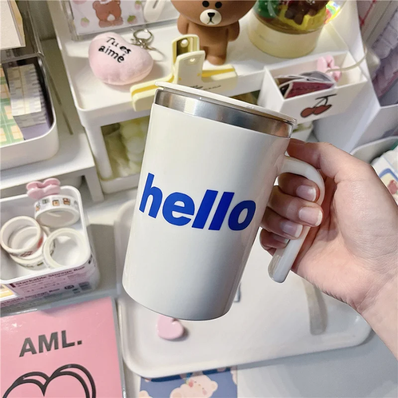

Hello Stainless Steel 304 Mug with Lid Spoon Thermal Insulation Non-slip Milk Coffee 500ml