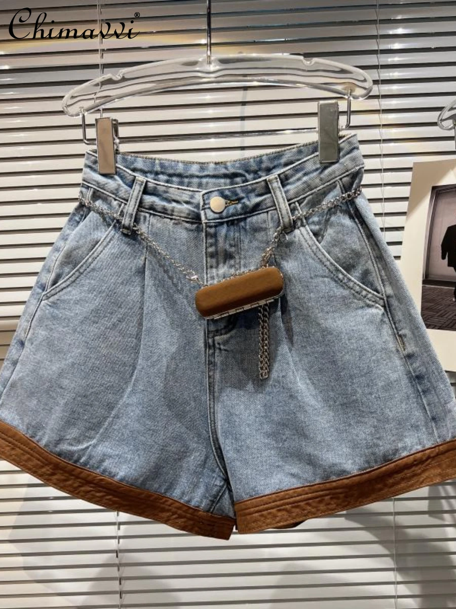 

2022 Summer New Fashion Lipstick Pack Chain Belt Washed Wide Leg Three-Point Denim Shorts High Waist Slim Elegant Jean Shorts