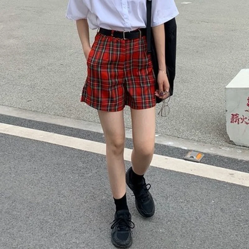 New Women Sexy High Waist Overalls Female Casual Fashion All-Match Shorts Summer Red Plaid Shorts Gothic Girls 2021 Streetwear