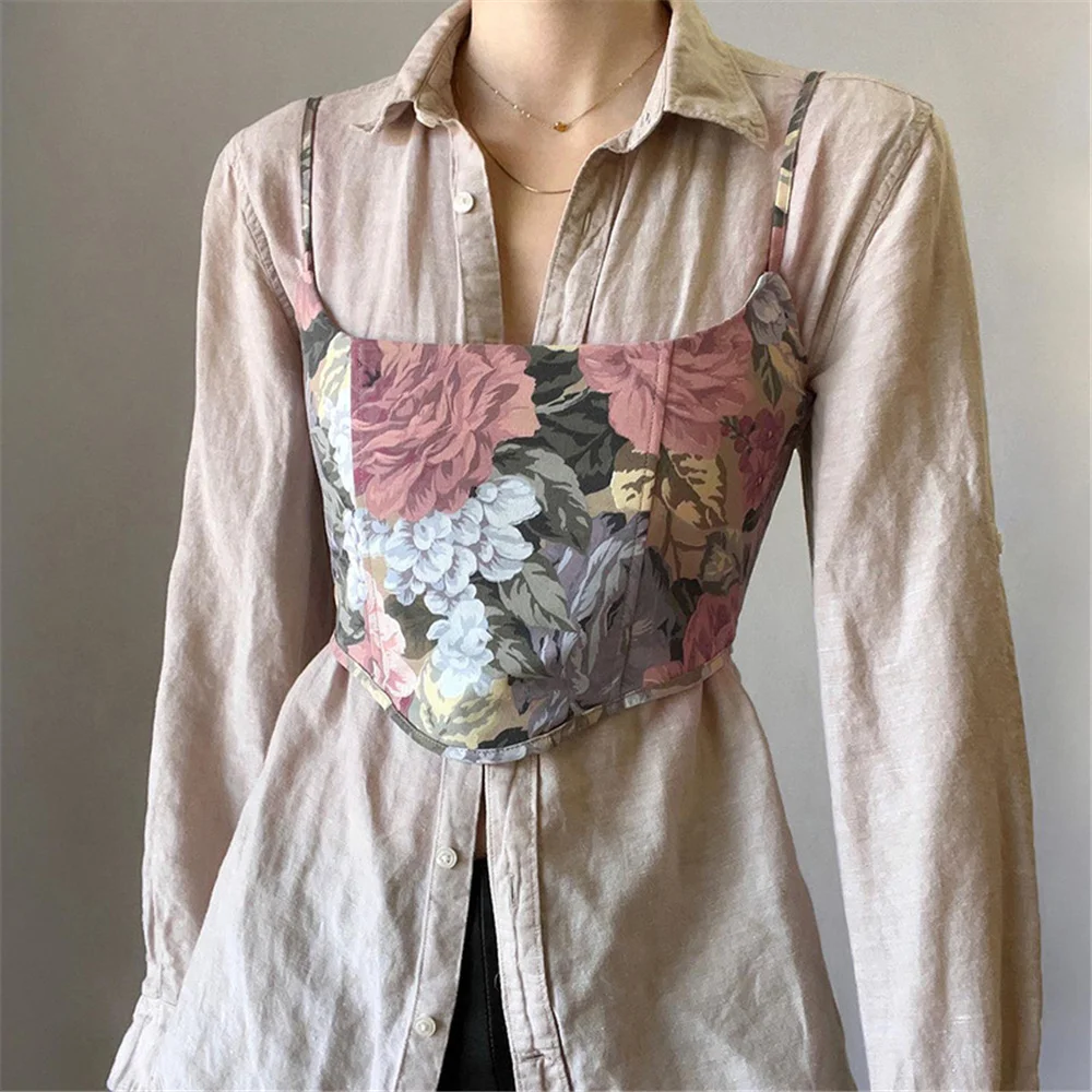 

Aesthetic Women Summer Sleeveless Backless Crop Top Elegant Sexy Oil Painting Irregular Zipper Floral Camis Female Clothes 2022