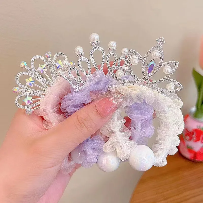 

Summer Children's Crown Hair Ring Girl Ponytail Ball Scrunchies Rubber Band Girl Pearl Gauze Sweet Cute Headdress Wholesale