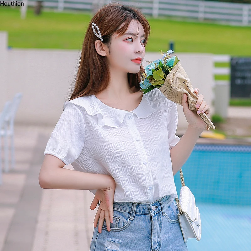 

Silk Women's Blouses Solid Shirt Fashion Casual Short Sleeve Top New Clothing Lady Button Peter Pan Collar Houthion