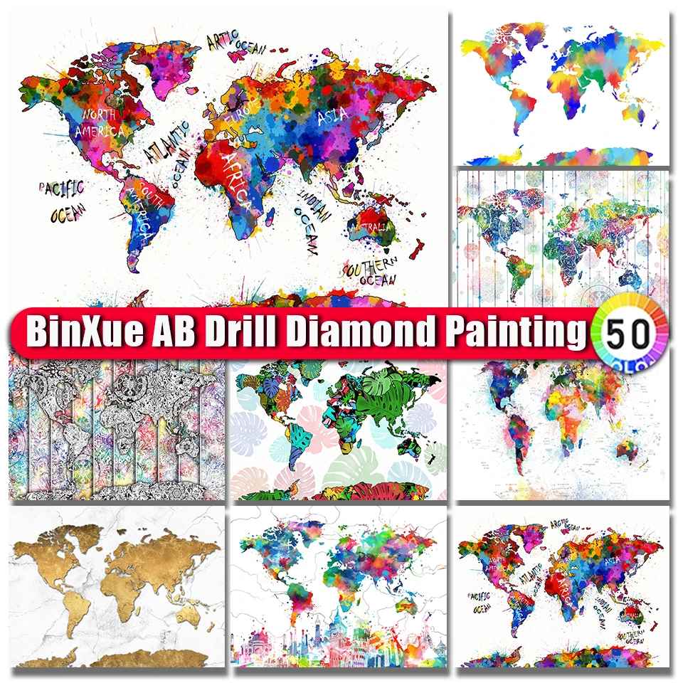 

BinXue 5D DIY Colorful World Map AB Diamond Painting Kit Cross Stitch Starry Sky Handmade DIY Diamond Mosaic Art Home Decor Gift
