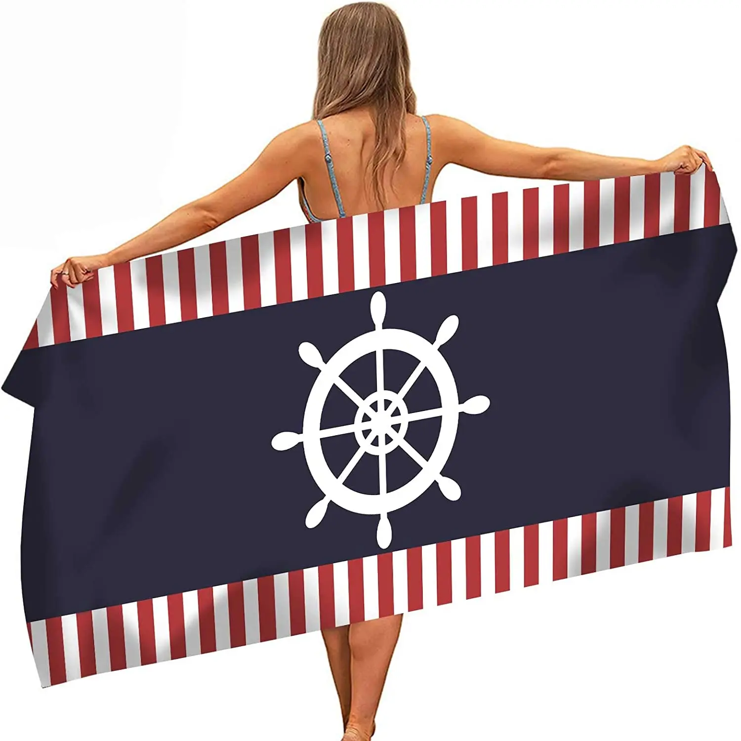

Nautical Rudder Microfiber Beach Towel, Navigation Red and White Stripes Towel, Light, Easy to Carry, Yoga, Swimming, Home Decor