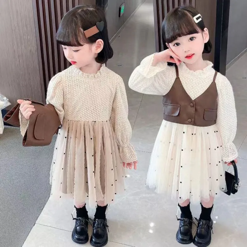 Girls Dress Spring and Summer New Baby Princess Dress Girls Leather Vest Dress Suit Children's New Clothing