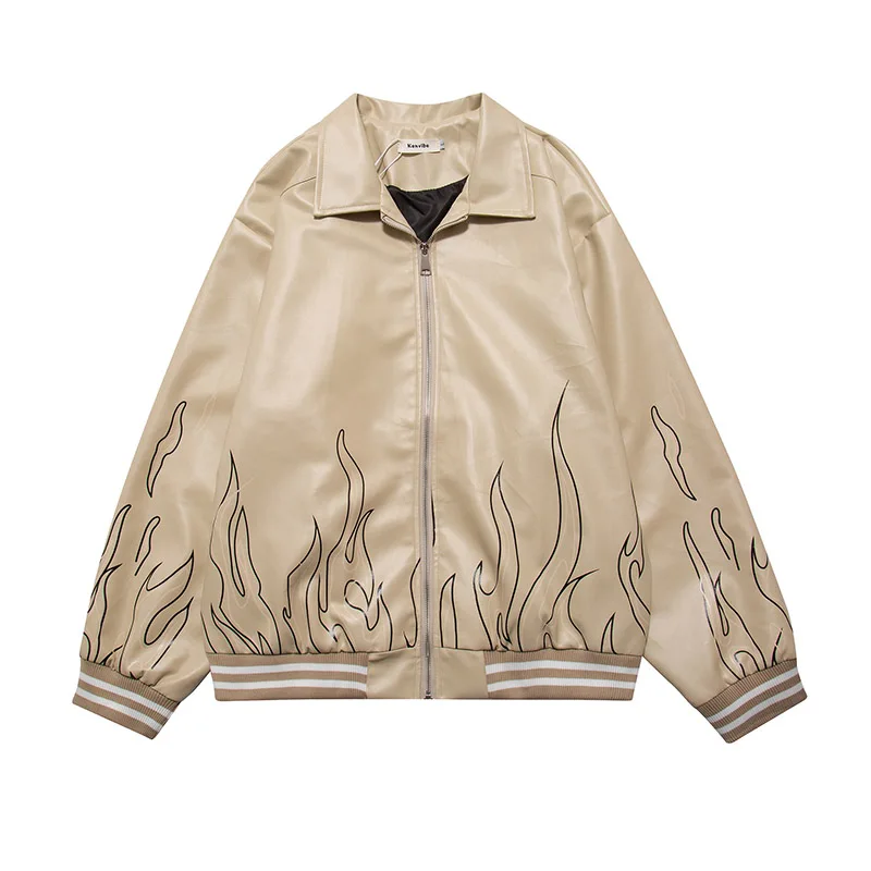 

Harakuju Streetwear Pu Leather Casual Baseball Jackets Flame Printed Hip Hop Outwear Coats For Male Black