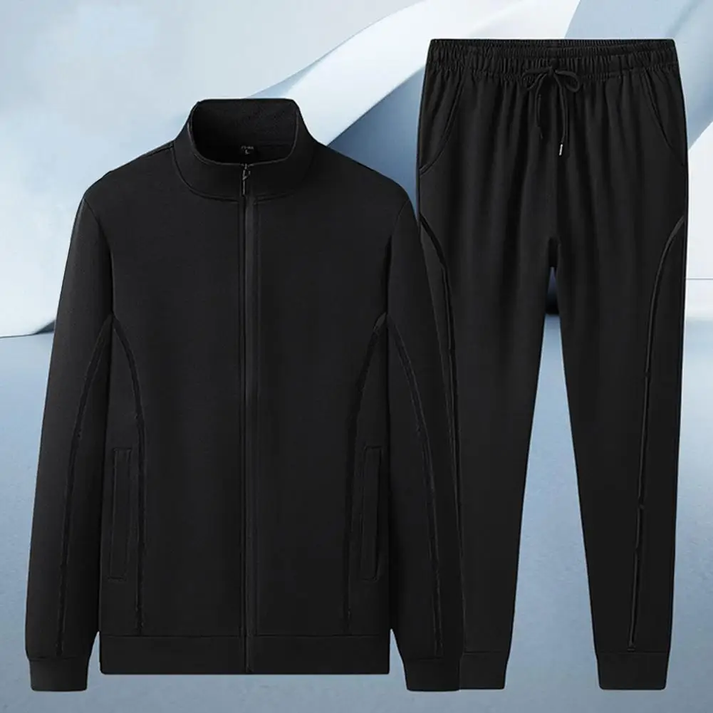 

Men Sportswear Men's Winter Tracksuit with Stand Collar Zipper Closure Drawstring Sweatpants Solid Color Coat Pants for Autumn