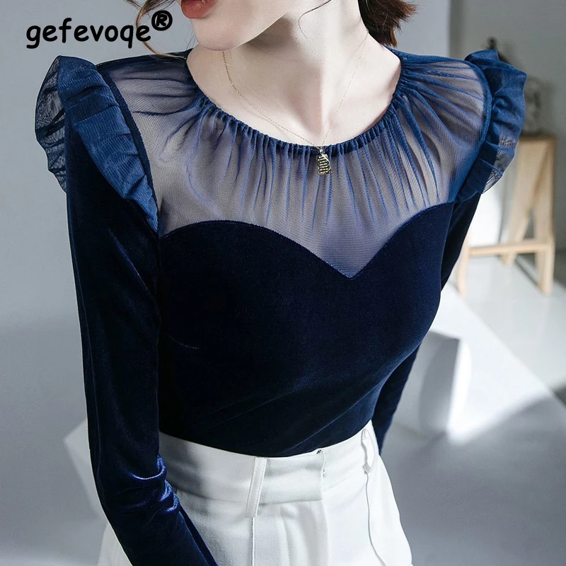 

Vintage Elegant Ruffle Chic Sexy Sheer Mesh Patchwork Basic Ladies Tops Solid Long Sleeve Slim Fit Women's T-shirts Clothing2023