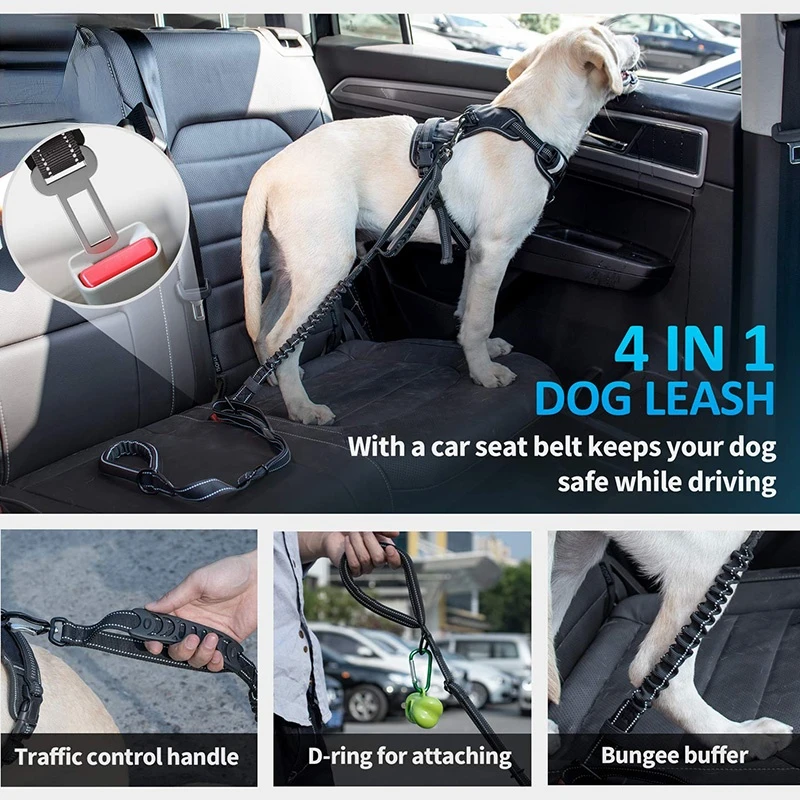

4-in-1Multifunction Heavy Duty Dog Leash with Double Handle Car Seat Belt Shock Absorbing Leash for Medium and Large Dogs