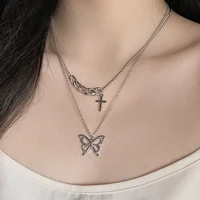 simple fashion double piece butterfly cross pendant girls short long chain clavicle chain ladies jewelry