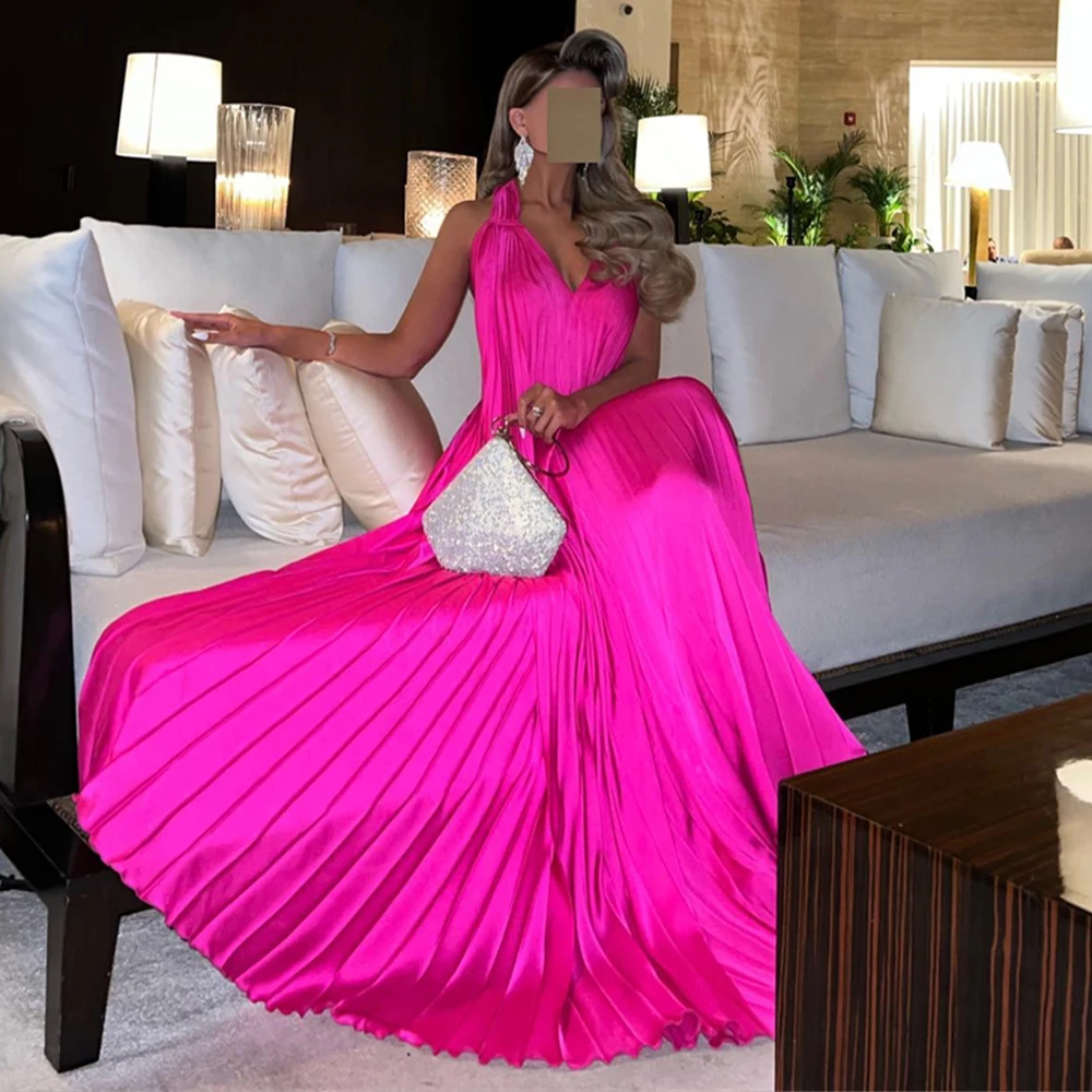 

Sleeveless V Neck Sexy Backless Prom Gown Pleat Solid Color Vintage Evening Party Dresses A-line فساتين للحفلات الراقصة