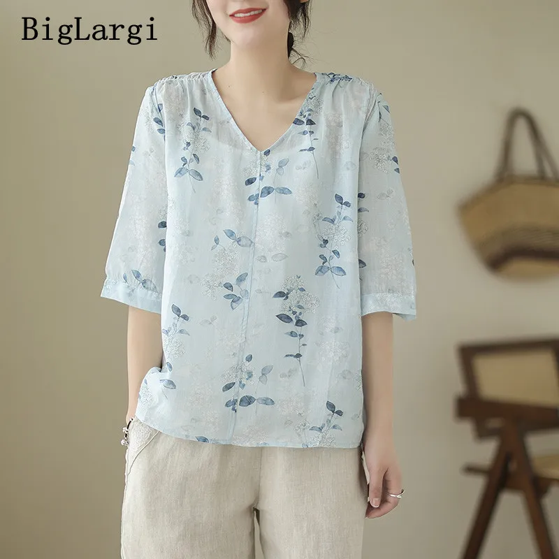 2023 New Cotton Print Floral blouse shirt loose Short sleeved Ladies Tops Thin and Fashionable V  Neck  Wman Shirt
