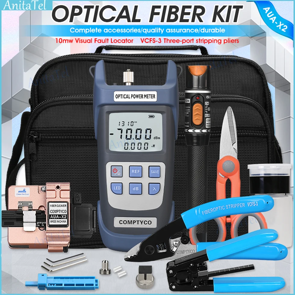 

FTTH Fiber Optic Tool Kit with AUA-X2 Fiber Cleaver FTTH tool 10mw Visual Fault Locator Fiber Fibra Optica Power Meter COMPTYCO