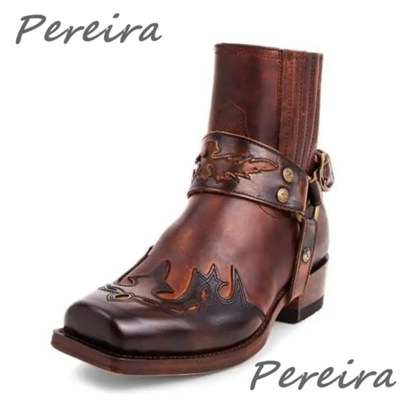 

Brown Embroidered Booties Square Toe Metal Buckle Slip On Boots Low Heel Short Boot Spring and Autumn Fashion Men Casual Shoes