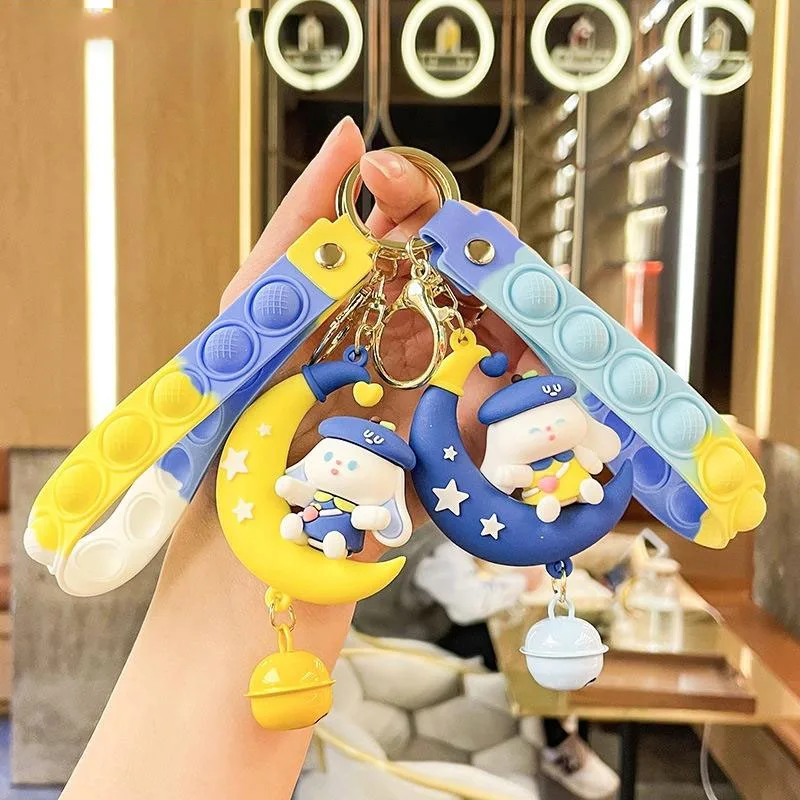 

Creative Moon Blue Rabbit Keyring Decompression Hand Rope Keychain Pendant Cute Couple Car Key Chain Bag Ornament Children Gifts