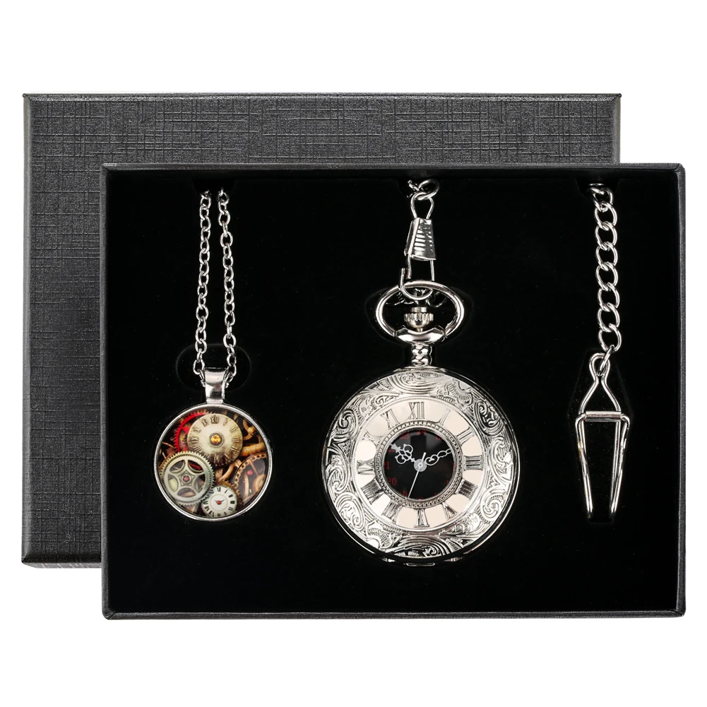Steampunk Vintage Classic Roman Numerals Hollow Quartz Pocket Watch Sets Birthday Gifts for Men Retro Pendant Fob Chain Clock