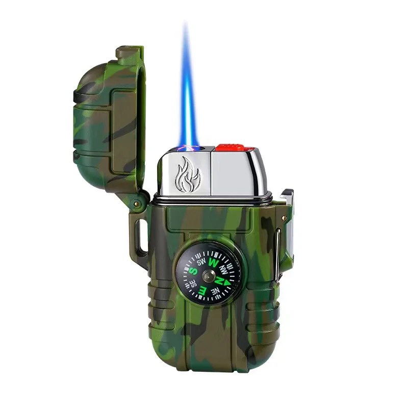 

Creative Pulsed Double Arc Waterproof Cigarette Lighter with Compass Gas Flashlight Torch Lighter Outdoor Camping Survival Tool