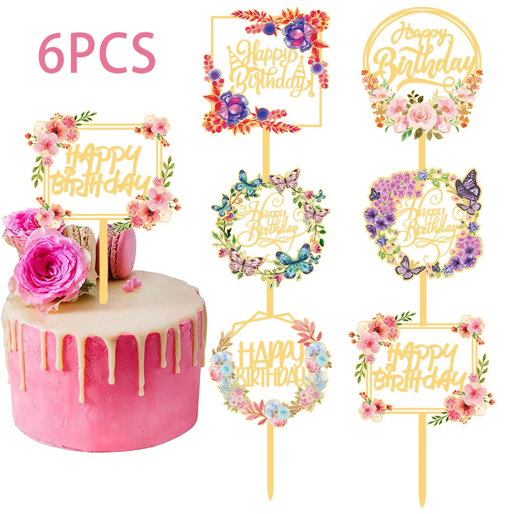 Decoración de Pastel de flores de 6 piezas, decoración de feliz cumpleaños, Decoración de Pastel de Rosa acrílica, adornos de bandera de pastel de fiesta de cumpleaños para Baby Shower