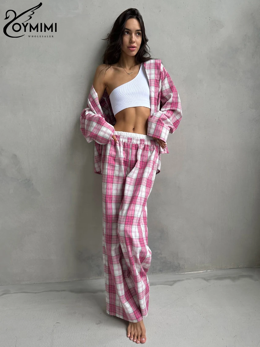 

Oymimi Fashion Loose Plaid Cotton 2 Piece Sets Women Outfit 2023 Elegant Long Sleeve Shirt With Mid Waist Pants Set Streetwear