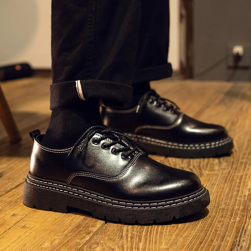 

Men Leather Shoes British Round Toe Man Business Dress Shoes All-match Flats Black Dress Shoes Lace Up Men Oxford Shoes
