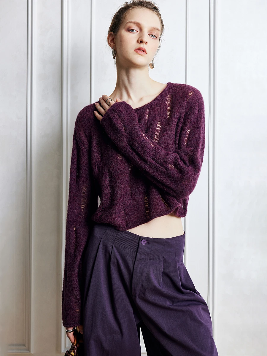 Oz Kingdom Повседневный свободный вязаный свитер двух цветов с отверстиями из