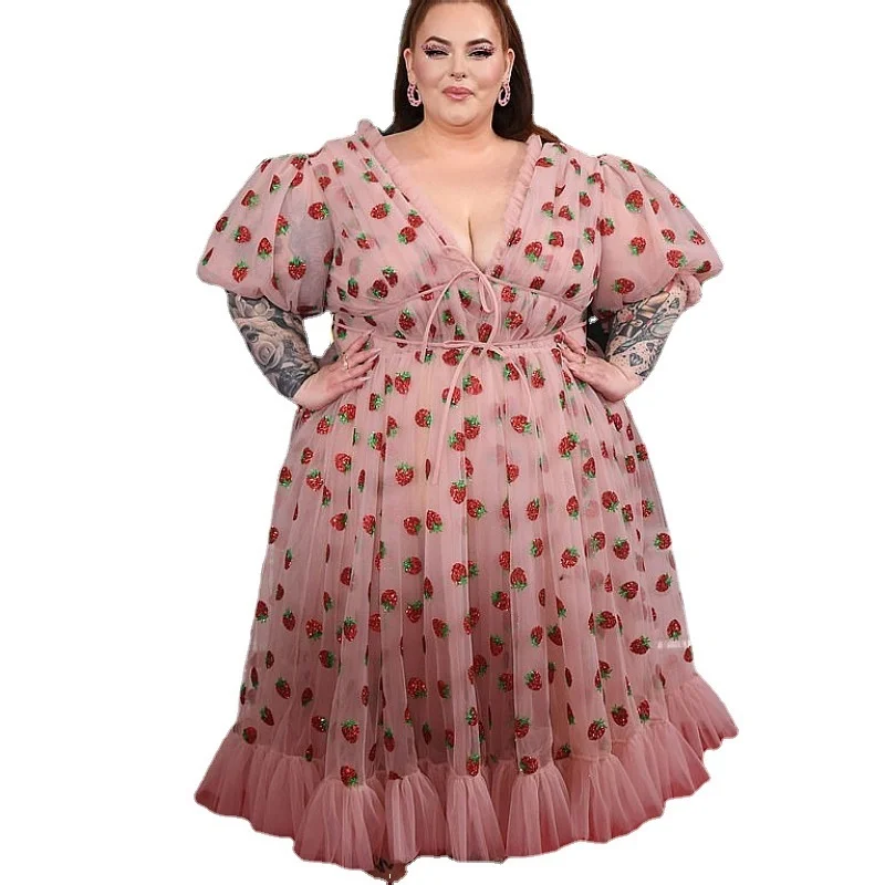 Plus Size Sexy V-neck Pink Dress Women Elegant Long Sleeve Strawberry Sequin Sweet Mesh Dress 2021 Summer Ruff 3xl 4xl 5xl 6xl