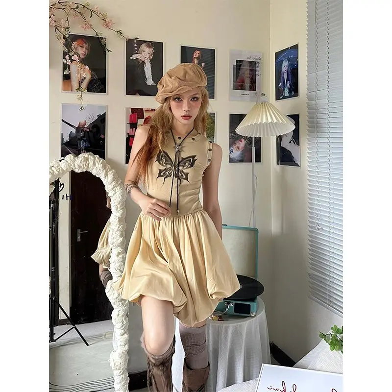 

Rivet Hip Hop Grunge Butterfly Print Sleeveless Slim Waist Dress Y2k Women Vintage Vestido Feminino Ballet Fold Ball Gown A-line