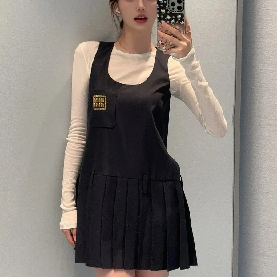 Nanfu High Board Miu System Deep Blue Dress Sleeveless Embroidery With Belt Join Plaid Skirt Spring New Style