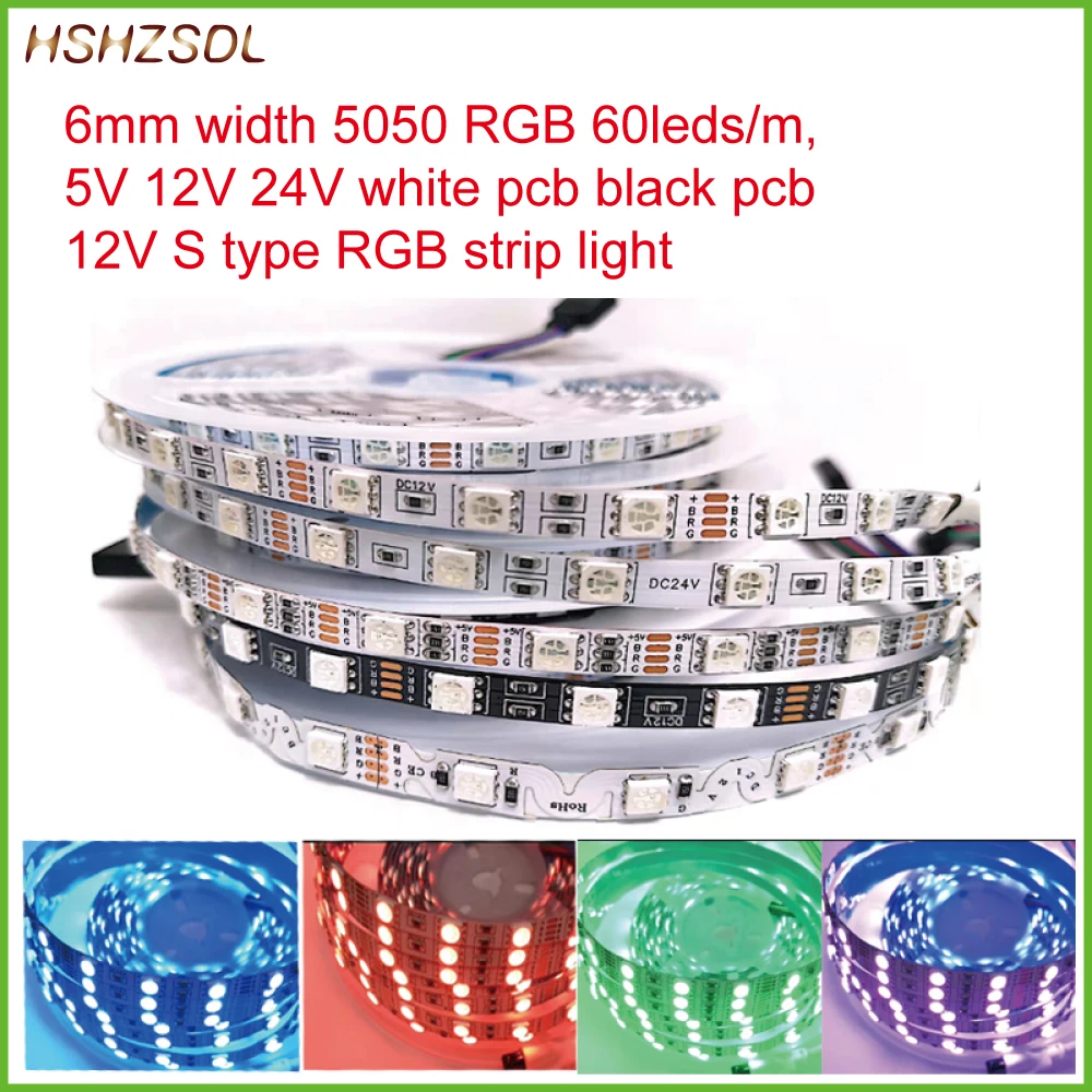 6mm Width DC5V 12V 24V RGB Flexible LED Light Strips SMD 5050 RGB LED Strip IP20 Non-Waterproof 5M 300LED Black White PCB lights