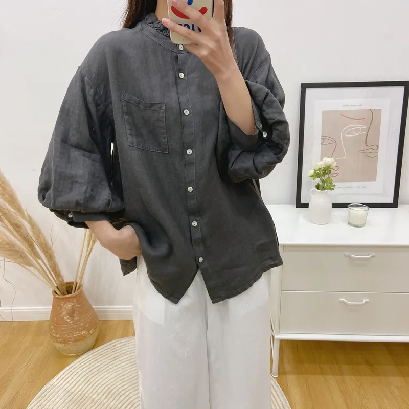 Женская винтажная льняная рубашка Johnature блузка в стиле мори с оборками