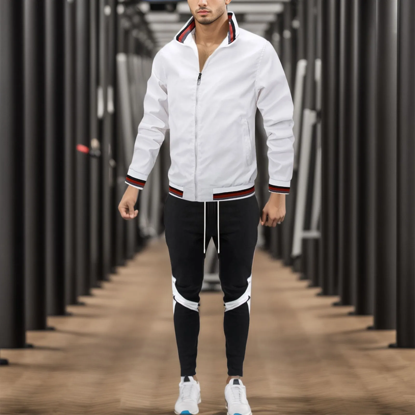 

Men Matching Set Long-Sleeve Zipper Jacket Coat Tops Drawstring Exercise Pants Two Piece Sets Autumn Spring Exercise Clothing