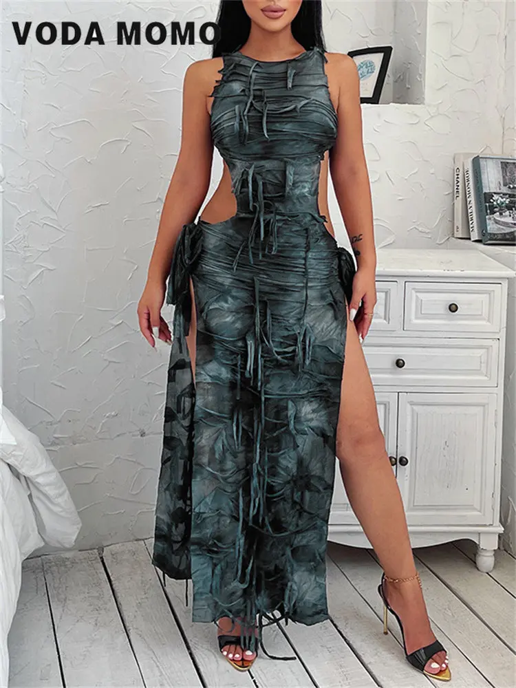 

Summer Trend Women Fashion Streetwear Rave Party Sleeveless Patchwork Tassel Hollow Out High Split Print Sexy Bodycon Maxi Dress