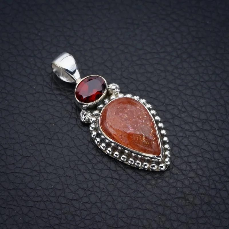 

StarGems Sunstone Garnet Handmade 925 Sterling Silver Pendant 1.5" F4177