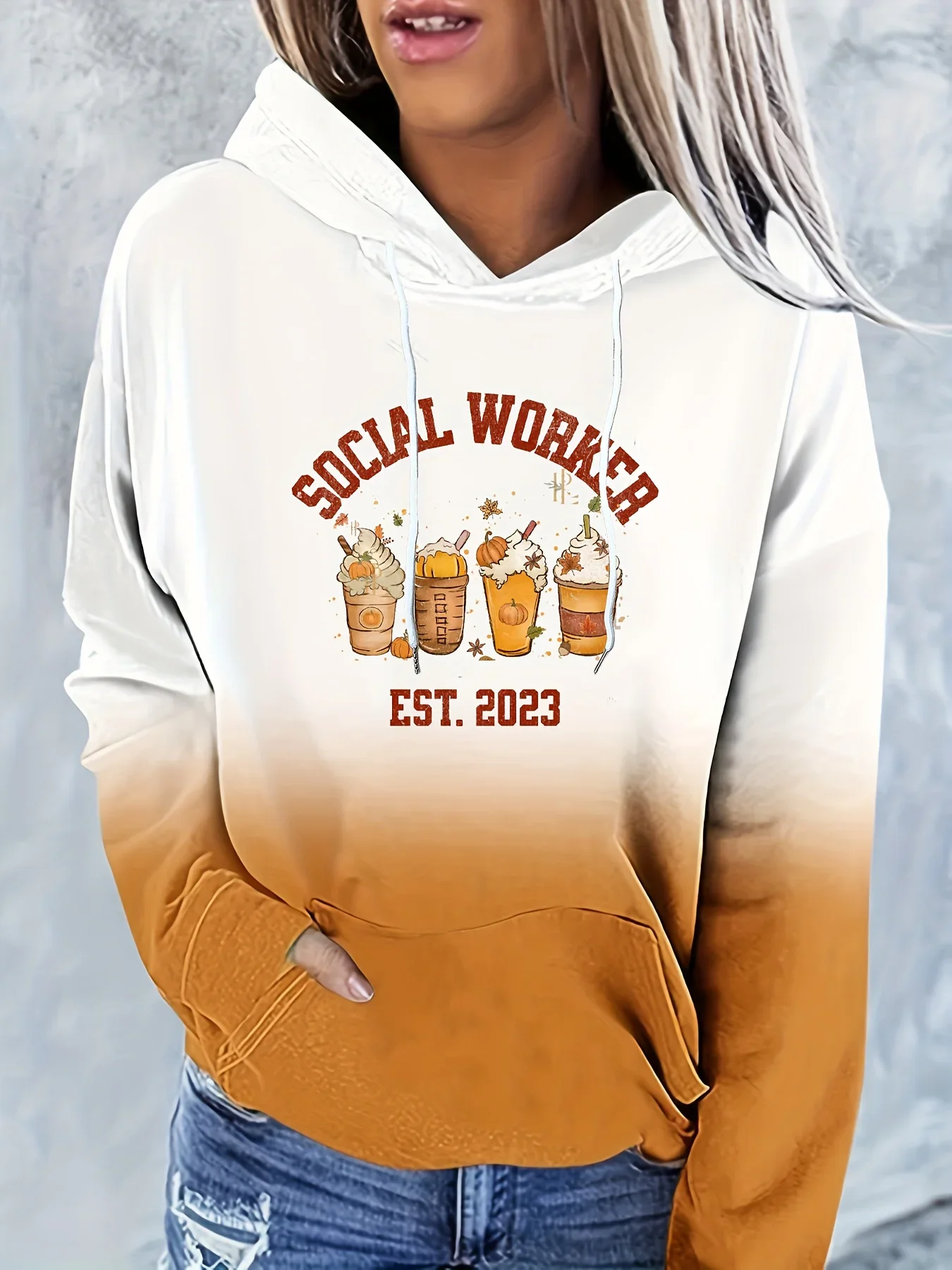 

Женская толстовка с буквенным принтом, монохромная, пуловер с передним карманом, с длинным рукавом, для отдыха, микроэластичная Толстовка