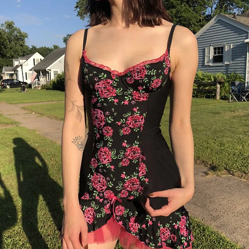 

Elegant Women Retro Wrap Bodycon Mini Dress Y2K Aesthetic Fairycore Vintage Floral Lace Trim Low Cut Square Collar Mini Dress