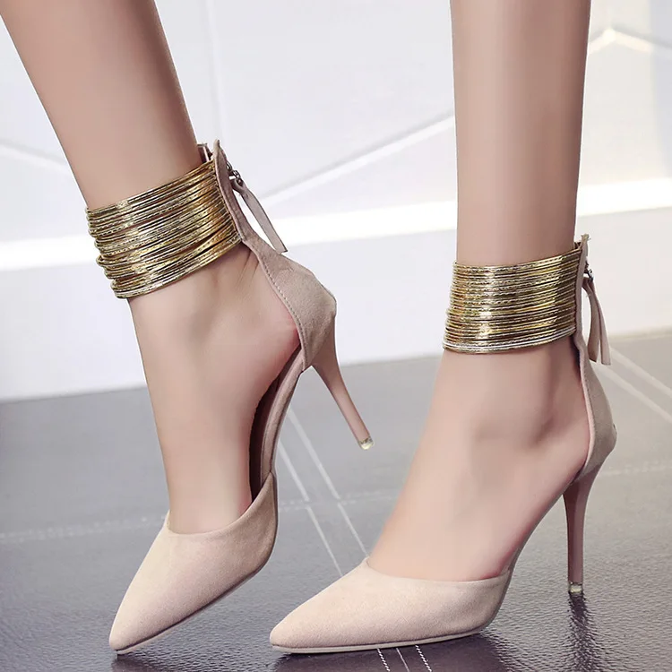 

2018 Spring Autumn Women Pointed Toe Flock Pumps Curve Super High Party Fashion Metal Strap Shoes Ladies Heels