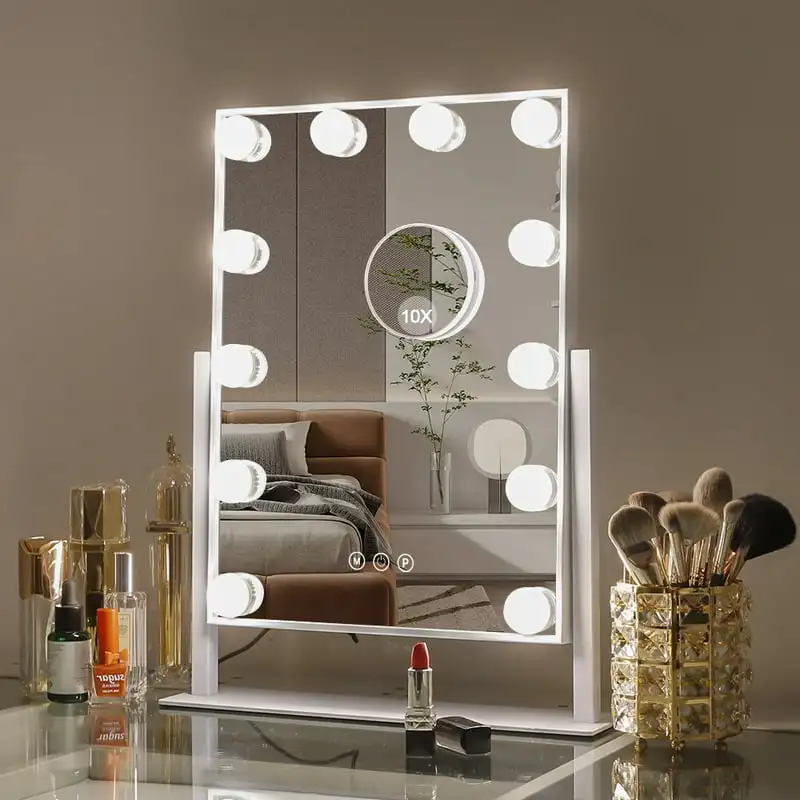 

Косметическое зеркало с подсветкой, металлическое настольное белое 14,5x18,5 дюймов