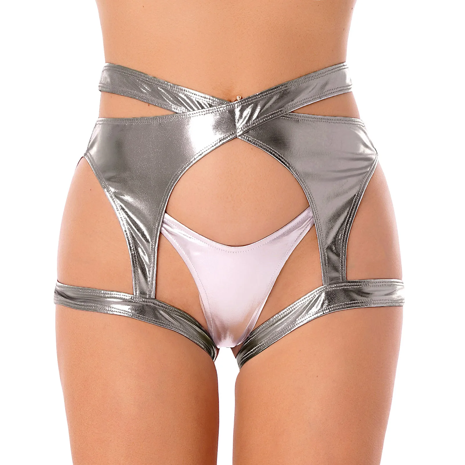 

Women's Leather Shorts Shiny Metallic Solid Color Hollow Out Open Butt Hot Pants Cross Elastic Waistband Garter Booty Shorts