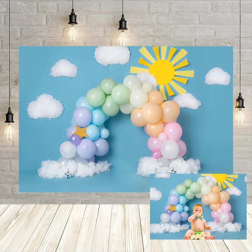Color Balloon Boy Birthday Party Backdrop Cake Smash Clouds Sun Bluey Baby Shower Photography Background Studio Decoration Props