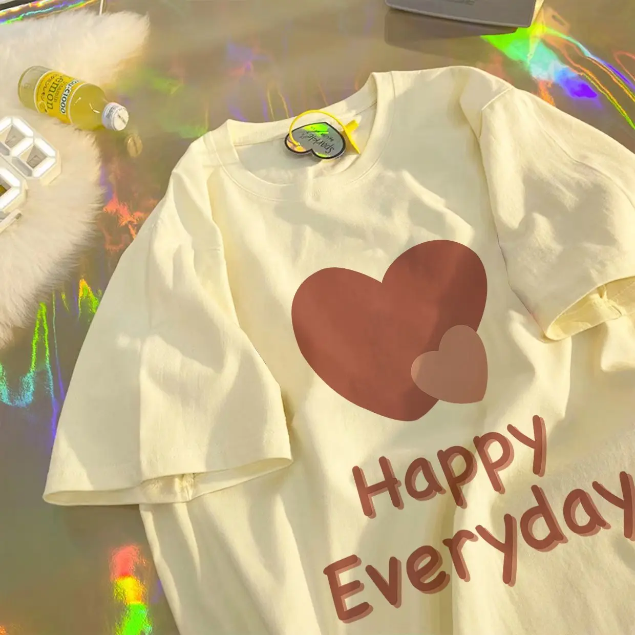 

Minimalist Letter Heart Shaped Printed Pure Cotton Short Sleeved T-shirt for Women Ins Summer Loose Fitting Casual Couple Top