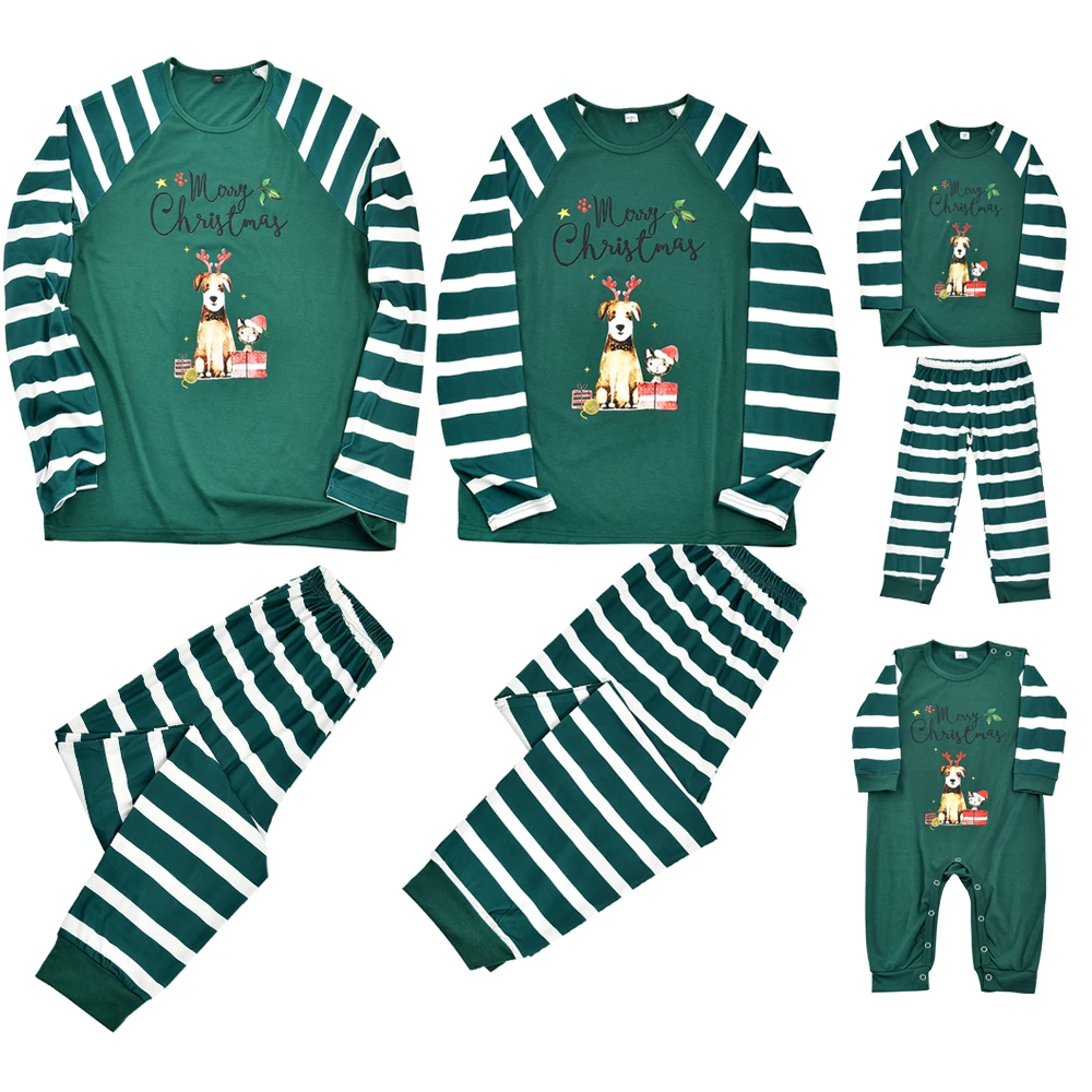 

Merry Christmas 2022 New Family Matching Outfits Green Stripe Printing Parent-child Pajamas Set Sleepwear Baby Rompers Xmas Gift