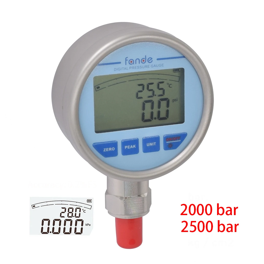 FANDESENSOR Ultra High Pressure Gauge 2000 bar 2500 bar 316L Stainless Steel Resolution 4 Digit Backlight Visable Display
